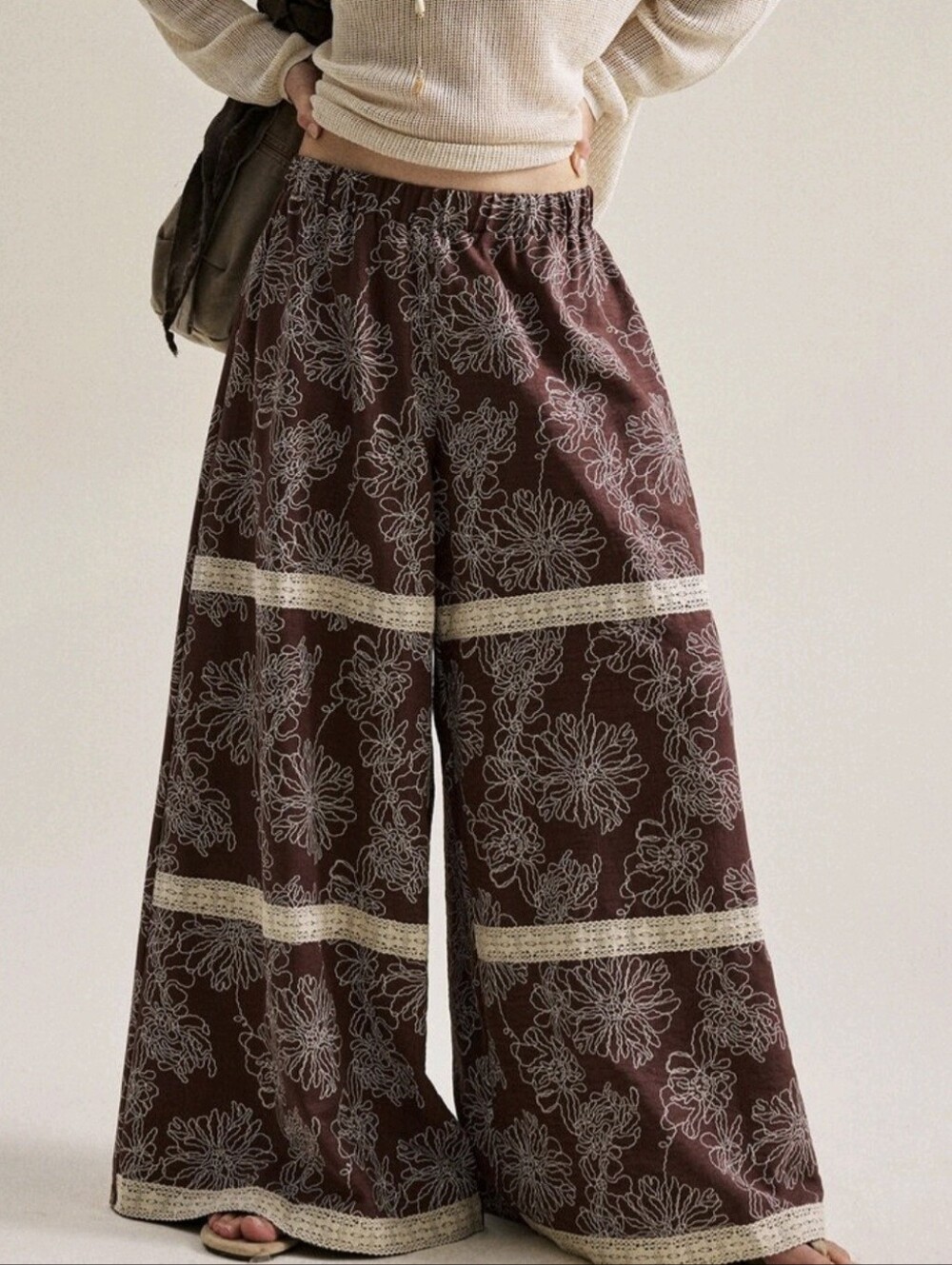 Women's Bohemian Style Faux Embroidery Wide Leg Pants, Vintage Lace Patchwork